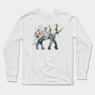 Watercolor Elephant in Nature, Floral Design Long Sleeve T-Shirt